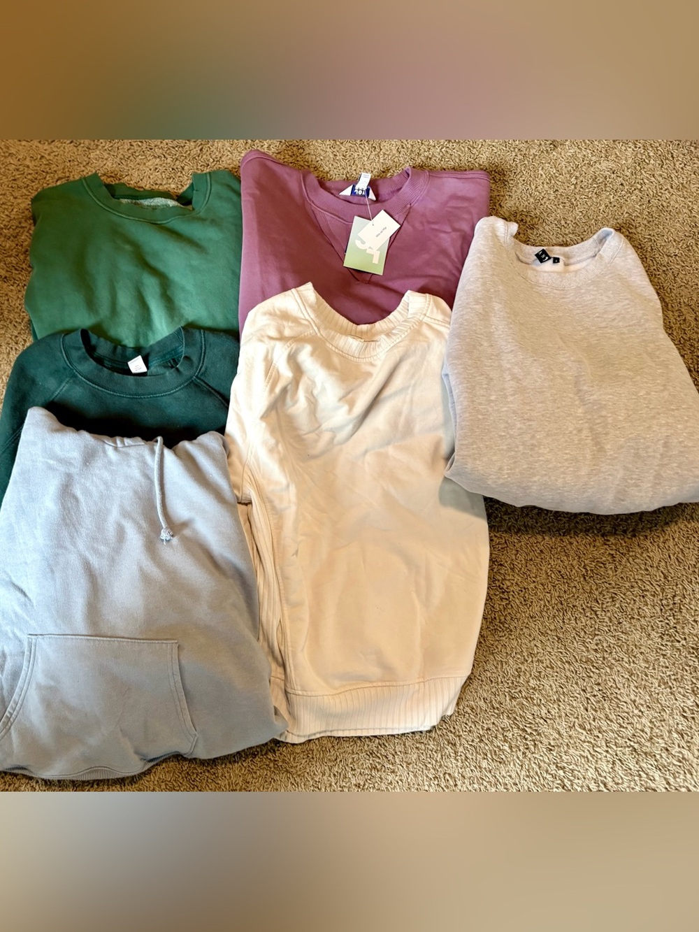 Assorted Crewneck & Hoodie Sweatshirts in Green, Mauve, Cream, Gray, Teal